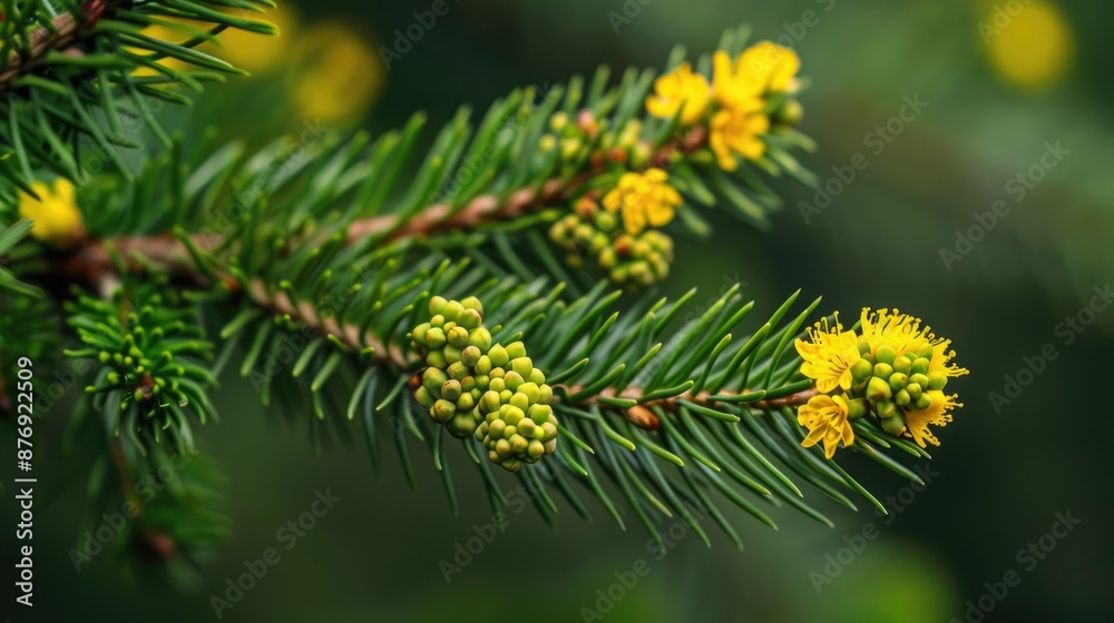 Yellow blossoms on a fir branch Yellow blossoms on a fir branch