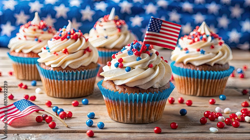 Patriotic cupcakes with red, white, and blue sprinkles and American flags for 4th of July celebration Patriotic cupcakes with red, white, and blue sprinkles and American flags for 4th of July celebration