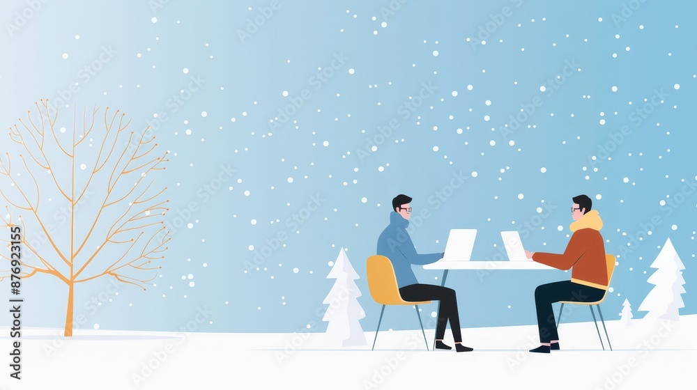 Cold weather office scene, managers using advanced tools to maintain productivity, employees focused and thriving in a modern workspace Cold weather office scene, managers using advanced tools to maintain productivity, employees focused and thriving in a modern workspace