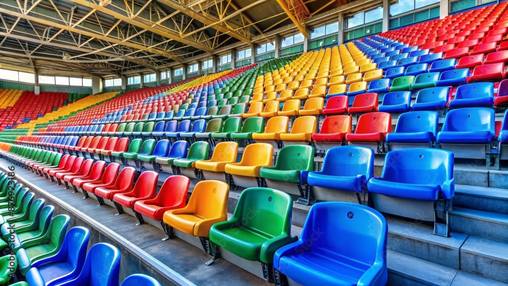 Fototapeta premium Vibrant stadium atmosphere depicted through a sea of colorful seats, empty but bursting with energy, awaiting a thrilling event.
