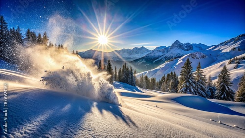 Mid-air powder explosion surrounds snow-dusted ski tracks on a bright, crisp mountain morning with breathtaking 4K clarity. photo