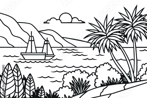 Mountain lake graphic black white landscape sketch illustration vector