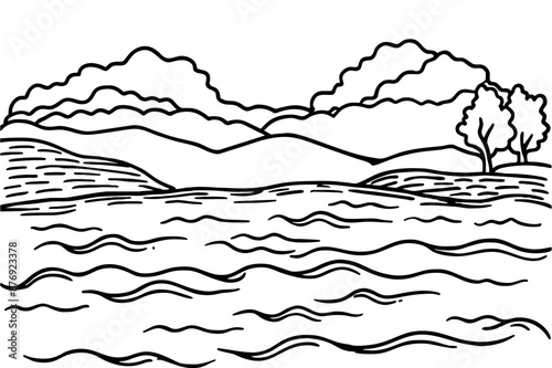 Mountain lake graphic black white landscape sketch illustration vector