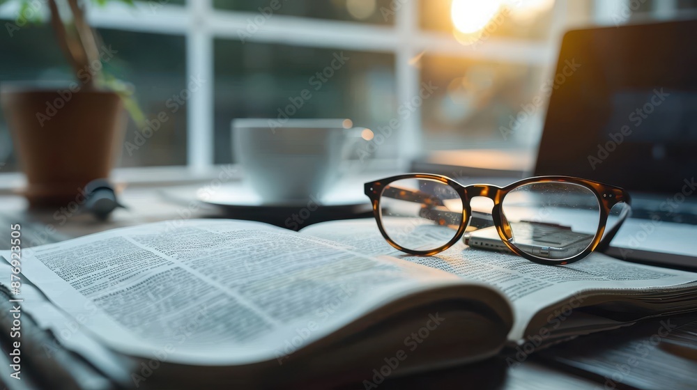 A tranquil scene of glasses resting on an open book with a cup of coffee and a laptop nearby, depicting a peaceful and studious work or reading environment. A tranquil scene of glasses resting on an open book with a cup of coffee and a laptop nearby, depicting a peaceful and studious work or reading environment.