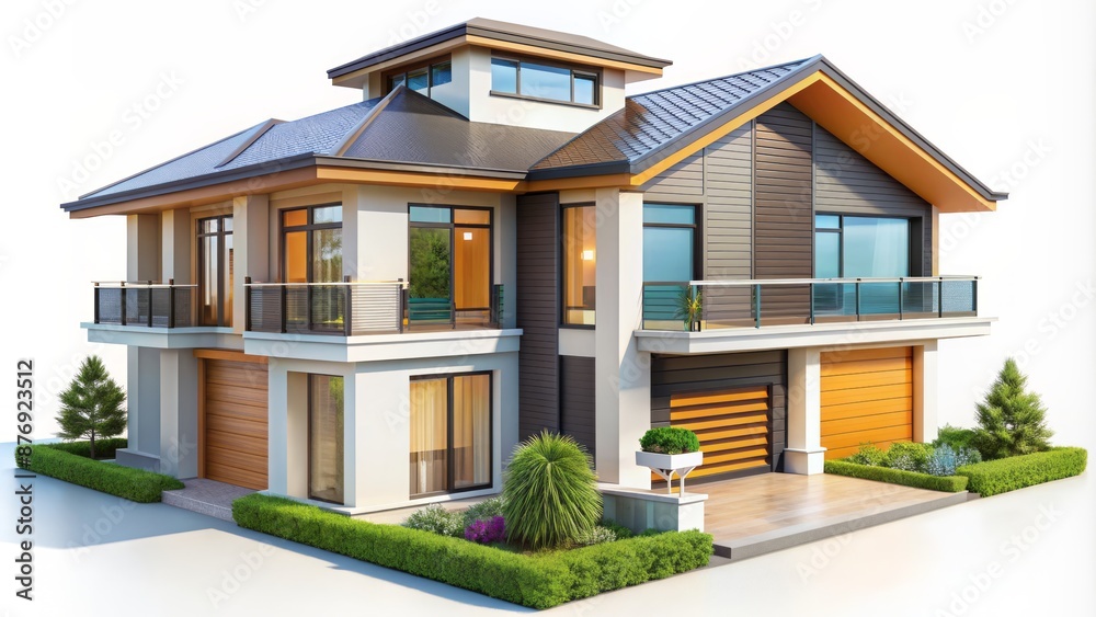 Isolated white background features a modern, sleek, and detailed 3D house model with vibrant colors, clean lines, and intricate design elements. Isolated white background features a modern, sleek, and detailed 3D house model with vibrant colors, clean lines, and intricate design elements.