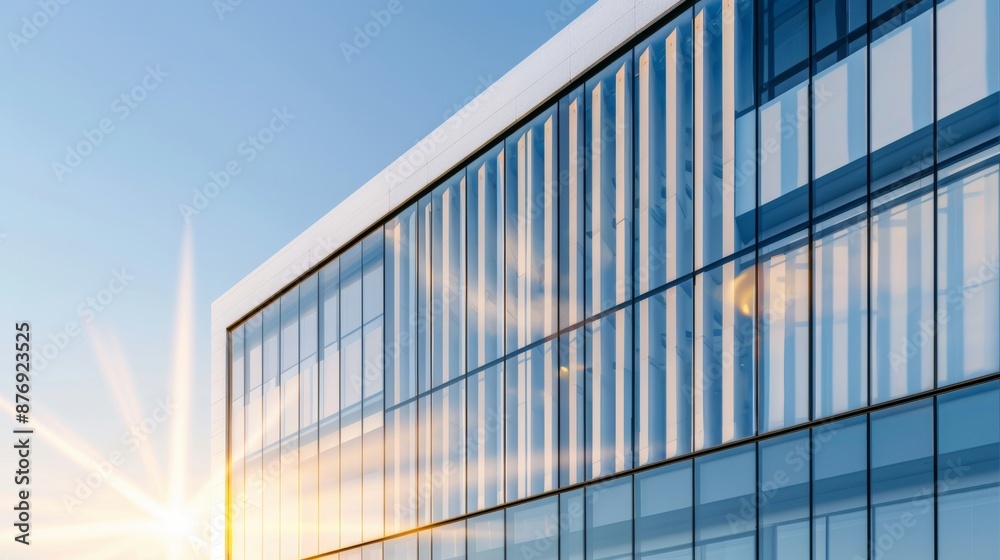 Commercial building exterior with smart temperature regulation, contemporary design featuring green technologies, efficient structural solutions