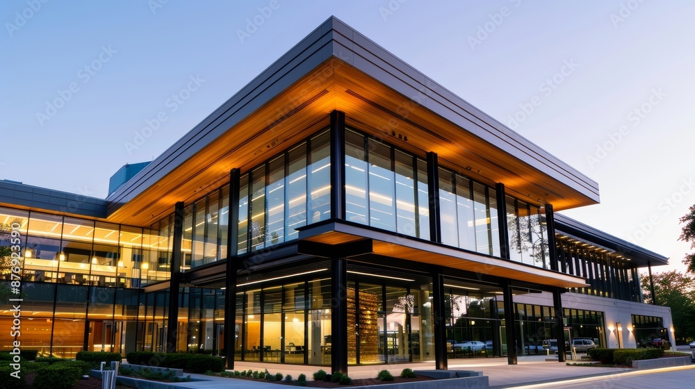 Commercial building with a focus on temperature regulation, innovative structural design incorporating eco-friendly materials and technology Commercial building with a focus on temperature regulation, innovative structural design incorporating eco-friendly materials and technology