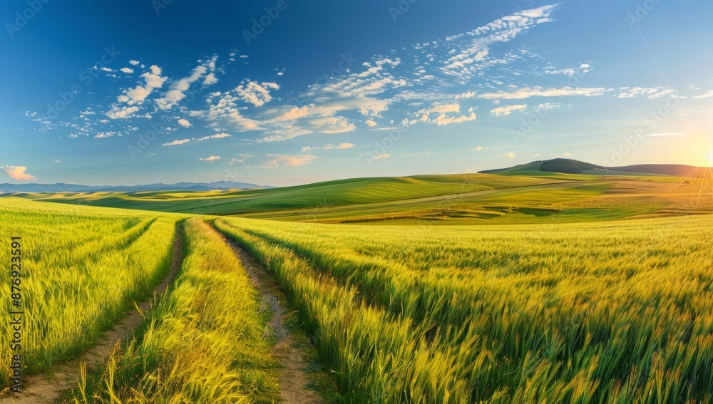 Obraz premium Scenic Landscape with Green Hills and a Dirt Path at Sunset