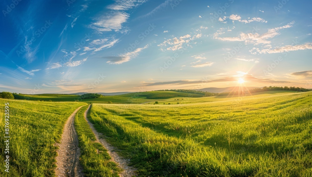 Scenic Landscape with Green Hills and a Dirt Path at Sunset Scenic Landscape with Green Hills and a Dirt Path at Sunset