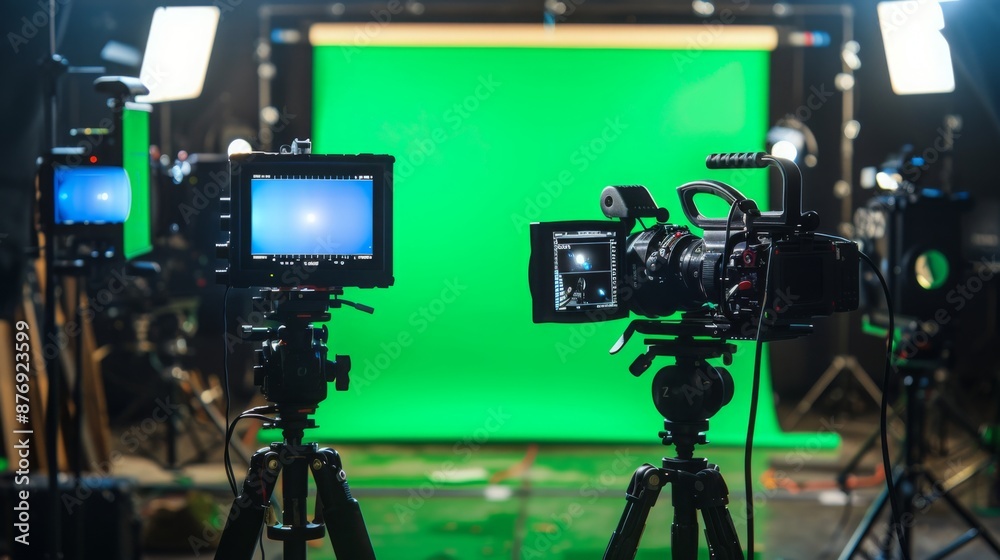 Two cameras on tripods are positioned in front of a green screen, ready to film. Lights are visible in the background. Two cameras on tripods are positioned in front of a green screen, ready to film. Lights are visible in the background.