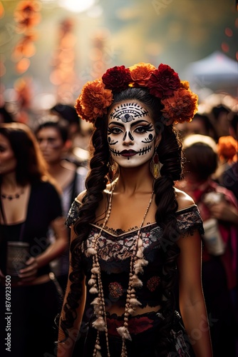 Portrait of a beautiful woman in orange on mexico's day of the dead in the street