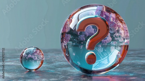 A reflective glass globe showcasing an embedded question mark, highlighted by colorful lights on a textured backdrop, sparking thoughts of curiosity and introspection within a surreal composition. photo