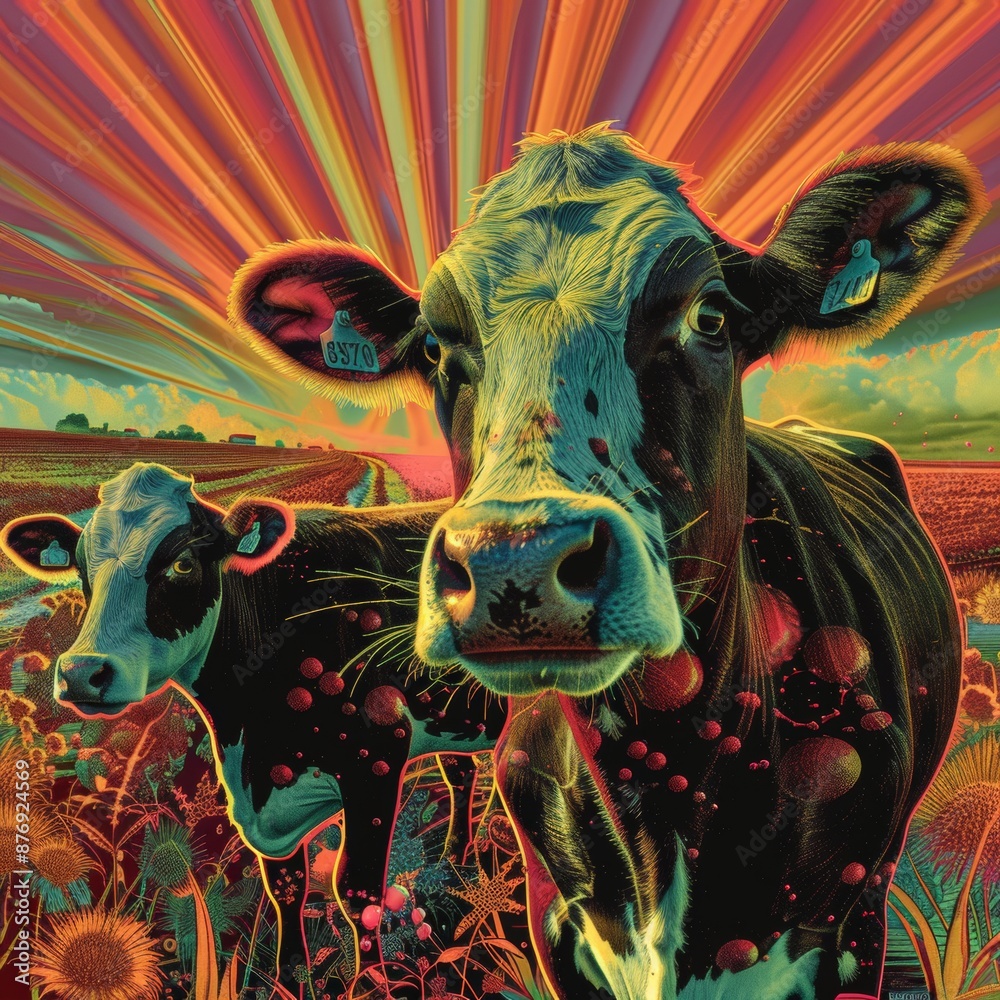 Ethereal Psychedelic Farm: Holographic Cows in Vibrant Neon Hues. A Surreal Digital Art Masterpiece with Swirling Backgrounds. Ethereal Psychedelic Farm: Holographic Cows in Vibrant Neon Hues. A Surreal Digital Art Masterpiece with Swirling Backgrounds.