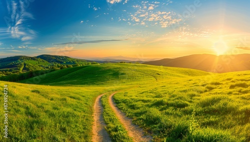 Scenic Landscape with Green Hills and a Dirt Path at Sunset
