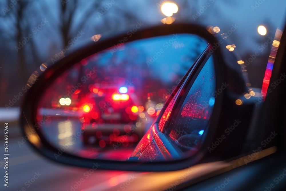 closeup of suspects car mirror, police lights in reflection closeup of suspects car mirror, police lights in reflection