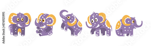 Cute Purple Baby Elephant Character with Pretty Snout Vector Set