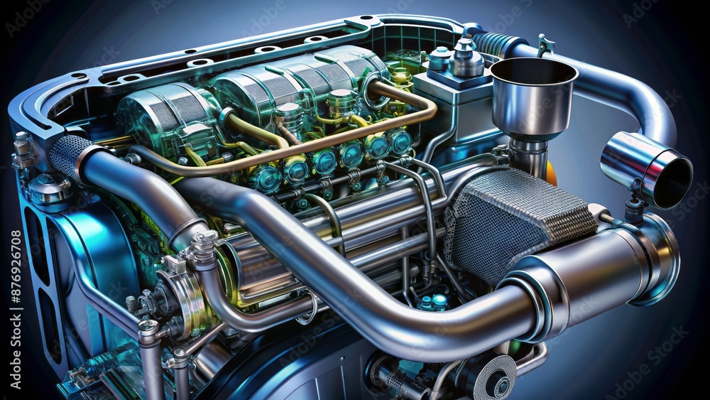 Intricate detailed 3D illustration of a diesel particulate filter and catalytic converter showcases complex internal structures and precision engineering design. Intricate detailed 3D illustration of a diesel particulate filter and catalytic converter showcases complex internal structures and precision engineering design.