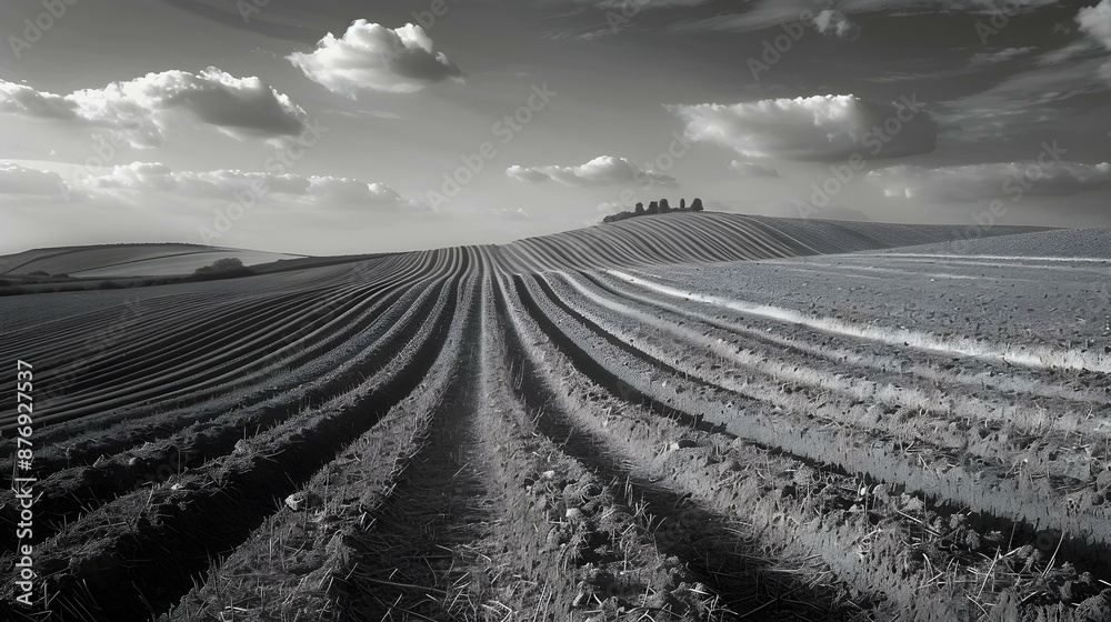 Fototapeta premium Parallel lines of furrows in a plowed field.