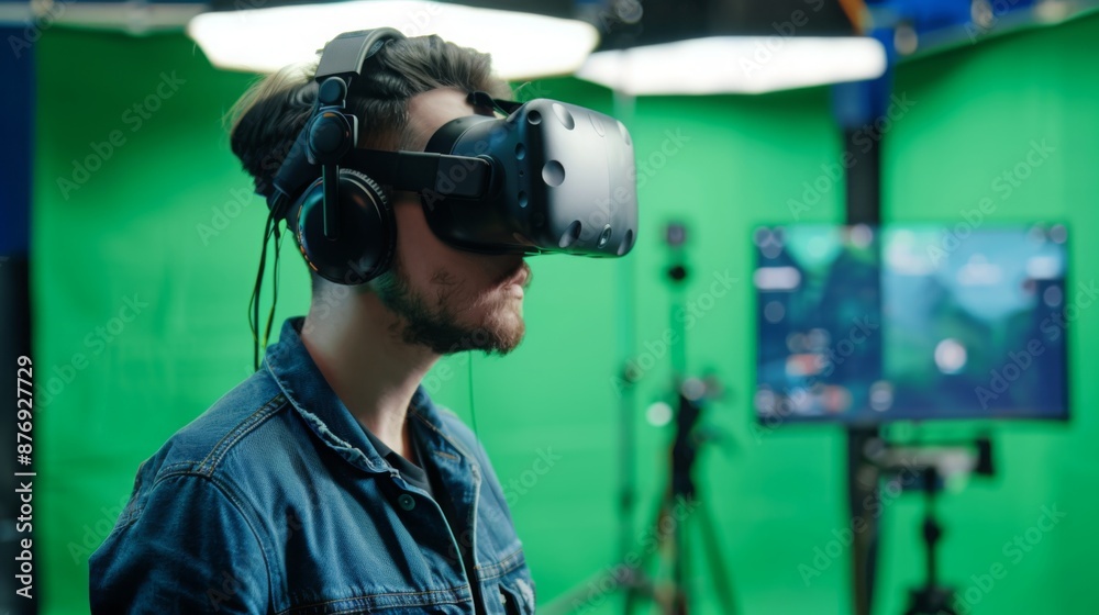 A man wears a VR headset and looks around, immersed in the virtual world. He is in a studio with a green screen behind him and various camera equipment in the background. A man wears a VR headset and looks around, immersed in the virtual world. He is in a studio with a green screen behind him and various camera equipment in the background.