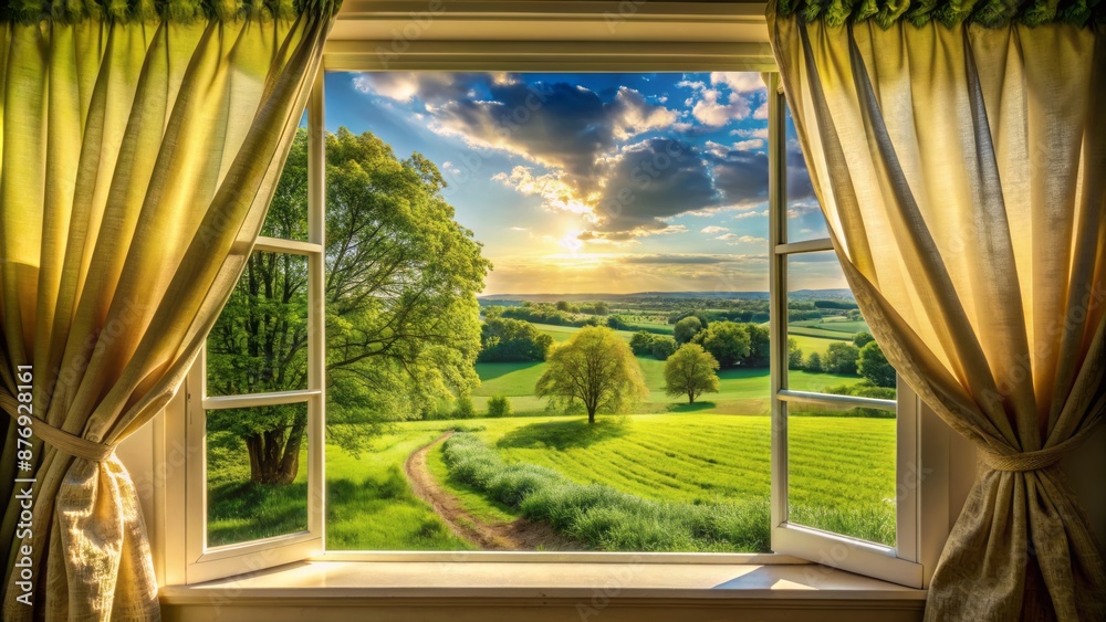 Serene rural landscape unfolds beyond rustic window adorned with flowing curtains, bathing in warm sunlight on a picturesque summer day. Serene rural landscape unfolds beyond rustic window adorned with flowing curtains, bathing in warm sunlight on a picturesque summer day.