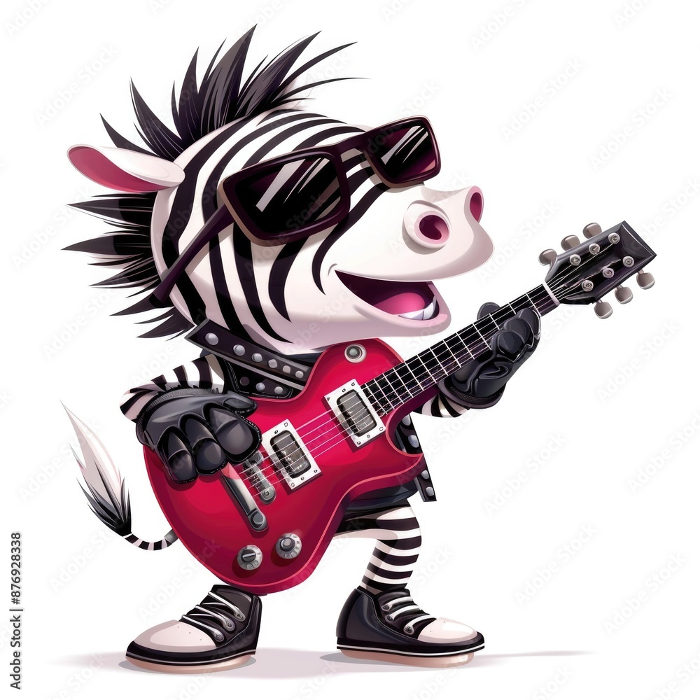 Fototapeta premium Cool Rocking Zebra with Guitar in Leather Jacket and Sunglasses