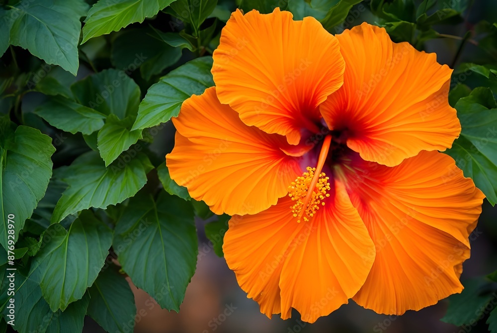 Pair of vibrant orange hibiscus flowers. Close up of a pair of bright and vibrant orange hibiscus flowers in tropical garden Pair of vibrant orange hibiscus flowers. Close up of a pair of bright and vibrant orange hibiscus flowers in tropical garden