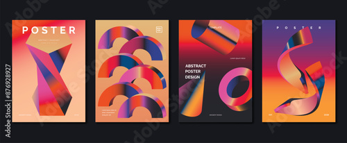 Modern gradient poster background vector set. Minimalist style cover template with vibrant perspective 3d geometric prism shapes collection. Ideal design for social media, cover, banner, flyer.
