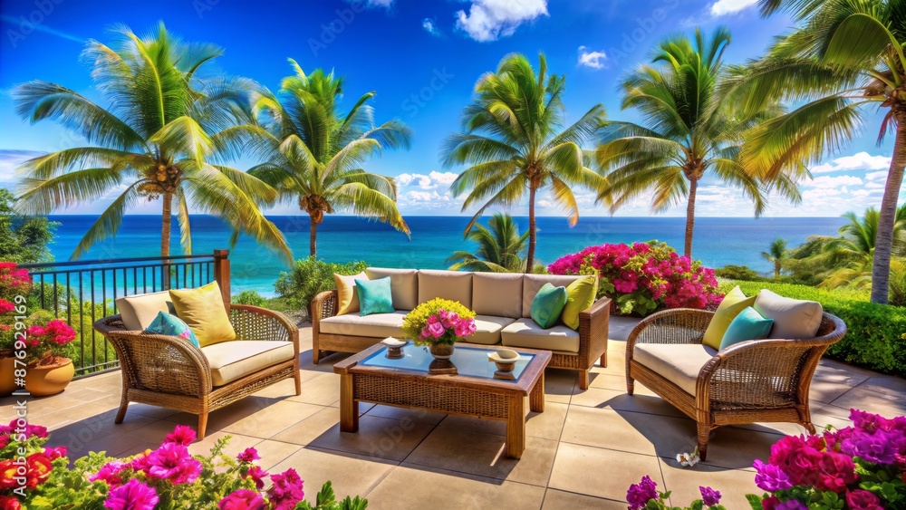 Fototapeta premium Elegant wicker sofa set adorns lavish oceanfront patio surrounded by lush greenery and swaying palm trees under sunny blue skies.