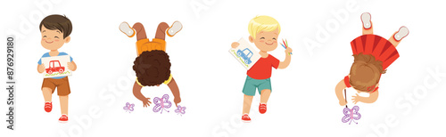 Funny Kid Lying and Drawing with Pencil Vector Set