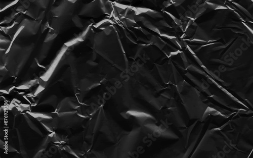 Abstract transparent plastic wrap wrinkled texture on black background. Vector illustration vinyl, texture overlay effect of an old cover with defects and scuffs. Wrinkled, torn and old packaging.