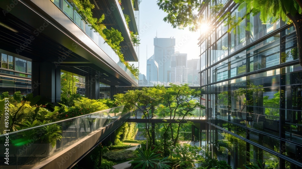 Modern cities embrace eco-friendly buildings, featuring glass facades ... - Downtown Eco Friendly Buildings