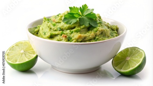 Creamy, vibrant green guacamole filled bowl sits isolated on pristine white background, garnished with fresh lime wedges and sprigs. photo