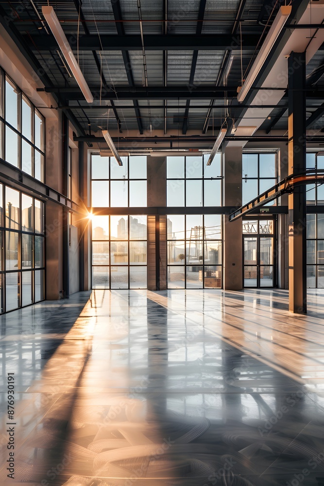 Bright and airy interior empty industrial nave offices with large windows and high ceilings , sunlight streaming in Bright and airy interior empty industrial nave offices with large windows and high ceilings , sunlight streaming in
