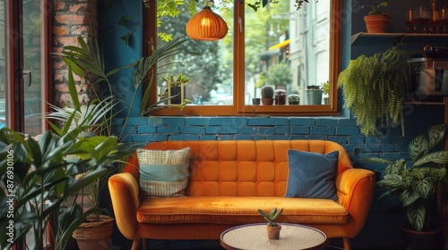 Cozy Lounge Corner with Orange Sofa and Greenery