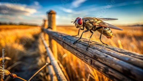 A close-up shot of a lone fly perched on a rusty metal fence amidst a desolate, sun-scorched rural landscape. photo