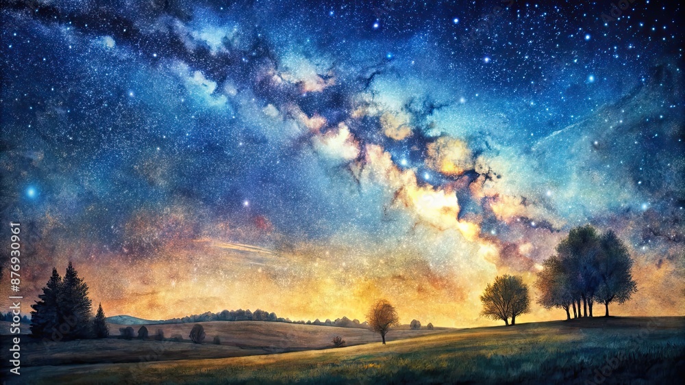 Fototapeta premium Ink painting of starry sky over serene countryside landscape, ink painting, starry sky, countryside, nature, tranquil
