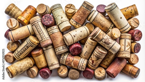 Fototapeta Naklejka Na Ścianę i Meble -  Assortment of vintage wine corks with worn labels and rusty edges arranged neatly on a transparent background in various shapes.
