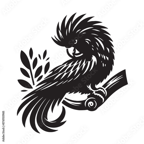 Retro Black and White Parrot Silhouettes ,Classic Parrot Silhouette Illustration ,Vintage Styled Parrot Silhouettes