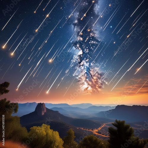 Meteors shower. Delta Aquarids. The Perseids. July 2024. A night sky with meteors shower. Concept of astronomy, cosmos, space exploration. photo