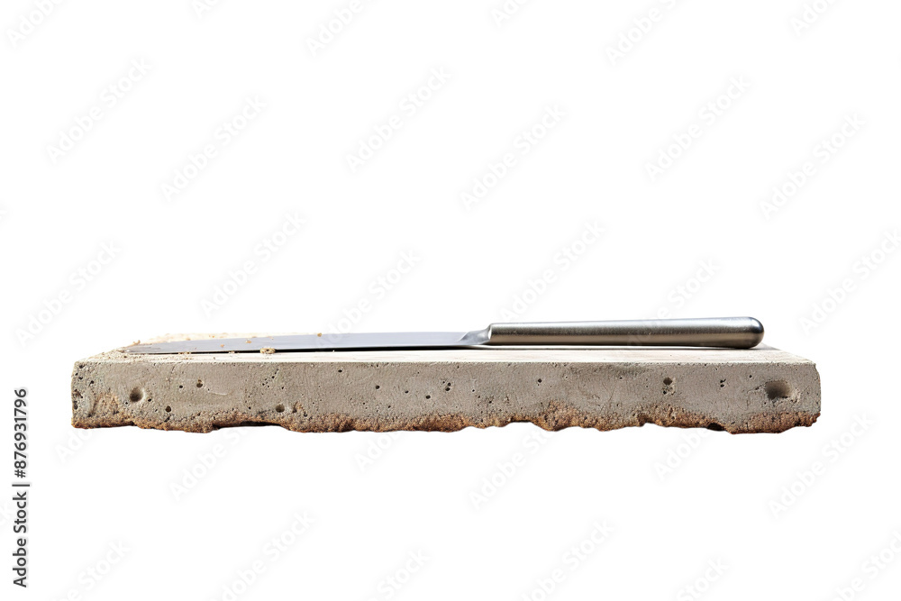 A Rustic Concrete Slab With a Sleek Metal Tool Resting Upon It on a White or Clear Surface PNG Transparent Background A Rustic Concrete Slab With a Sleek Metal Tool Resting Upon It on a White or Clear Surface PNG Transparent Background