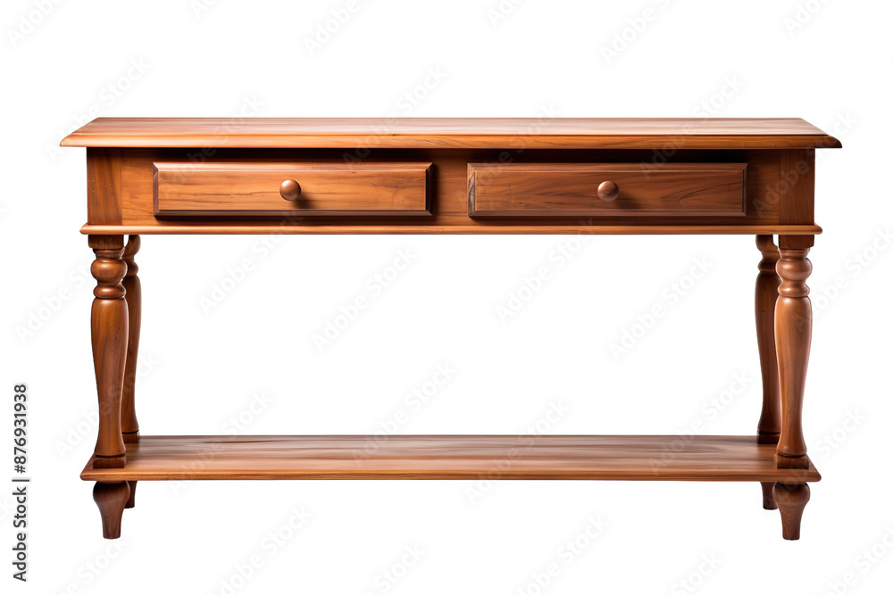 A Rustic Wooden Console Table With Two Drawers and a Lower Shelf on a White or Clear Surface PNG Transparent Background A Rustic Wooden Console Table With Two Drawers and a Lower Shelf on a White or Clear Surface PNG Transparent Background