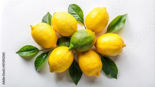 A collection of fresh, bright, and vibrant yellow lemons, individually isolated on a plain white background, showcasing their texture and zest. photo