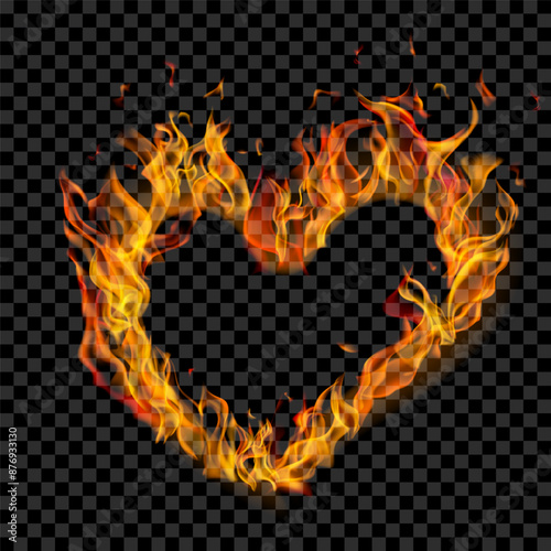 Translucent orange burning flames in the shape of a heart on transparent background. For used on dark illustrations. Transparency only in vector format