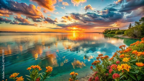 Vibrant orange hues of a serene sunset reflect onto calm turquoise waters surrounded by delicate flowers in a peaceful atmosphere.