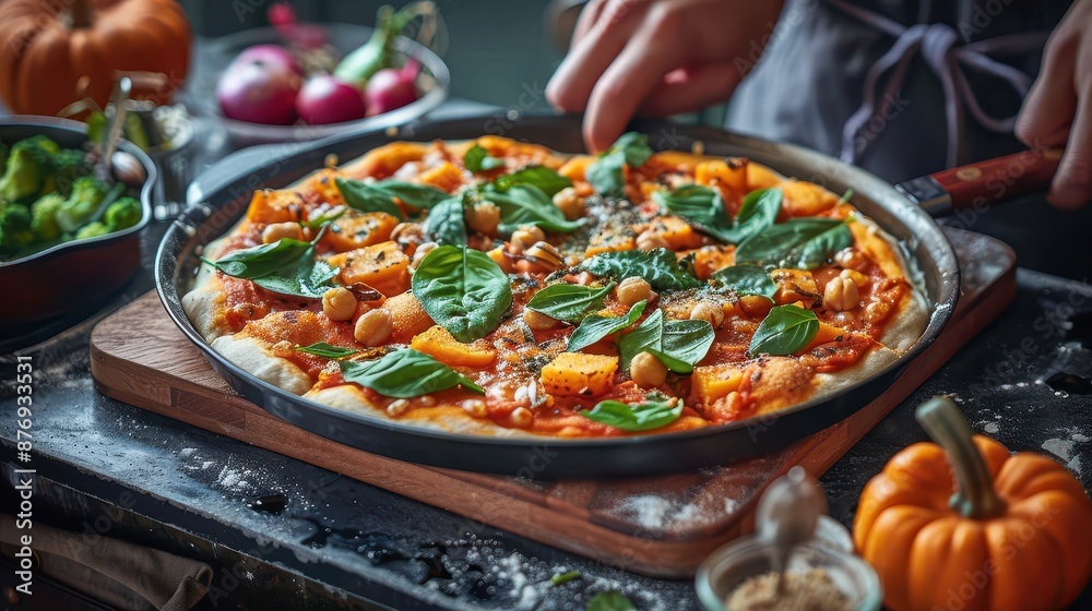 A scrumptious homemade vegetable pizza is being garnished with fresh basil and other herbs, showing vibrant colors and inviting texture, representing culinary creativity and fresh home cooking. A scrumptious homemade vegetable pizza is being garnished with fresh basil and other herbs, showing vibrant colors and inviting texture, representing culinary creativity and fresh home cooking.