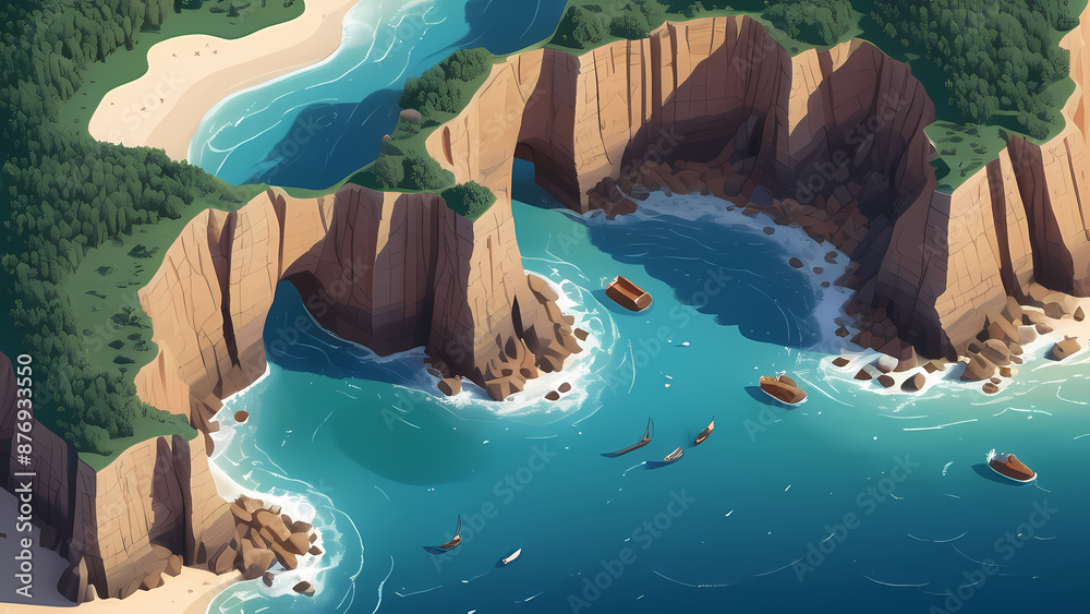 isometric scene of a coastal landscape, including cliffs, beaches, tide ...
