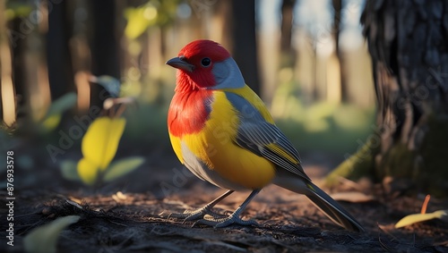 moderately focused, A bird with red and gray feathers in the yellow-and-orange style, moody lighting, top quality, full body portrait, authentic image, fine details, depth of field, in a woodland, Fuj