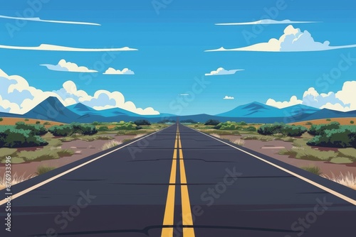 A desert road with rock formations and sparse vegetation. The landscape looks like a desert. Highway 2D simple cartoon landscape with high ridges in the background Image.
