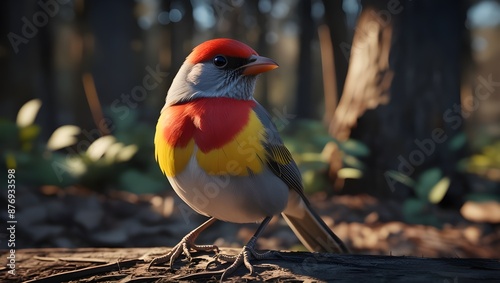 moderately focused, A bird with red and gray feathers in the yellow-and-orange style, moody lighting, top quality, full body portrait, authentic image, fine details, depth of field, in a woodland, Fuj