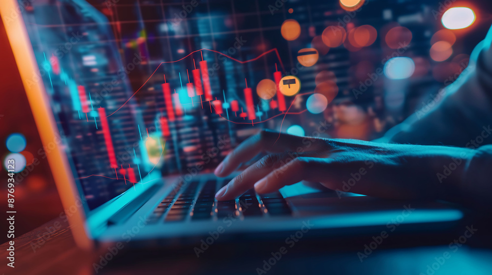 Investment financial advisor shows digital candlestick chart of investment market via laptop Investment financial advisor shows digital candlestick chart of investment market via laptop